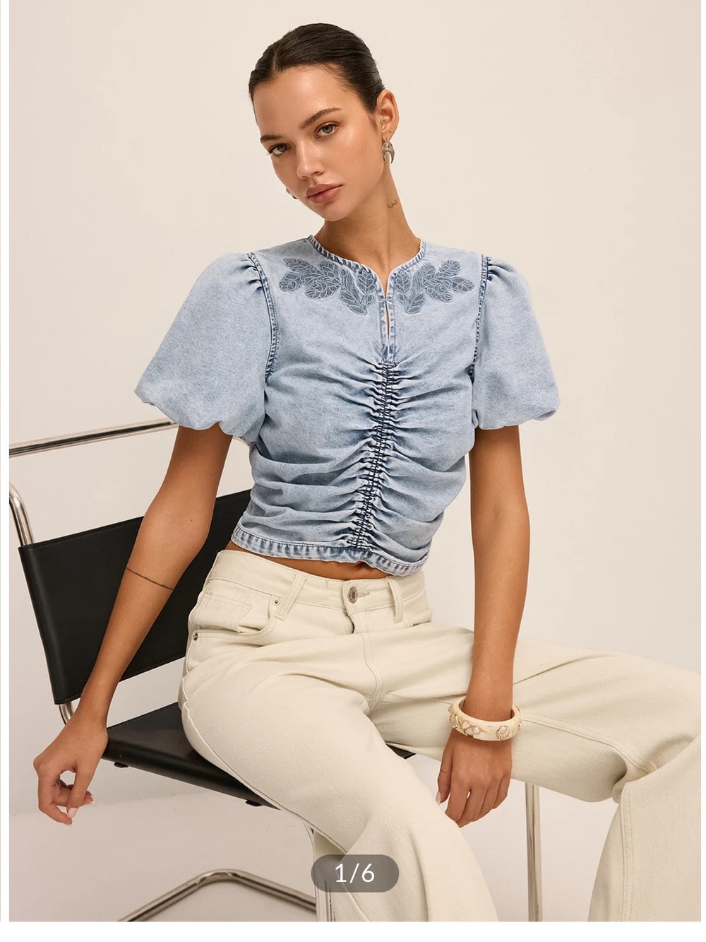 Commense COTTON ON Embroidered Denim Puff Sleeve Top NWT